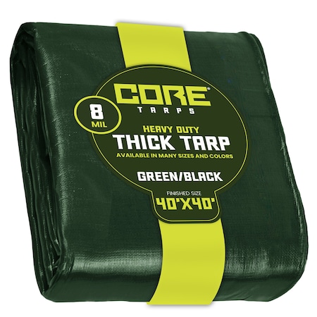 Core Tarps Heavy Duty Tarp, 40 ft L x 0.5 mm H x 40 ft W, 8 Mil, Green/Black, Polyethylene CT-403-40X40